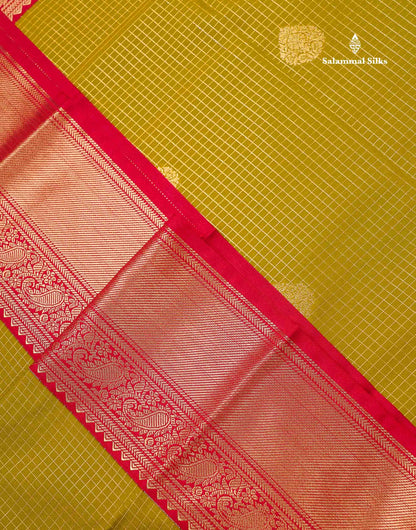 Semi Silk Saree - Light Rexona Green Butta With Small Checks Along With Contrast Pink Traditional Border
