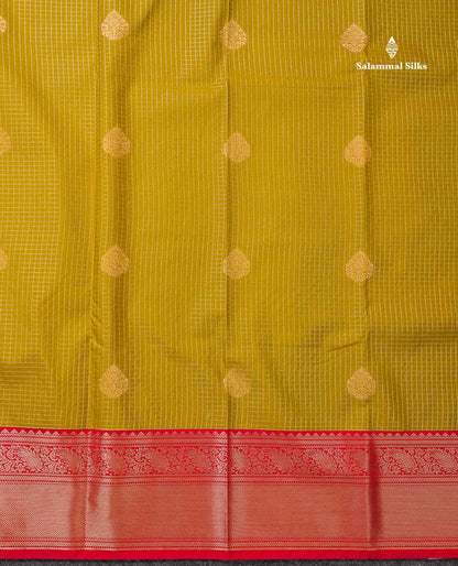 Semi Silk Saree - Light Rexona Green Butta With Small Checks Along With Contrast Pink Traditional Border