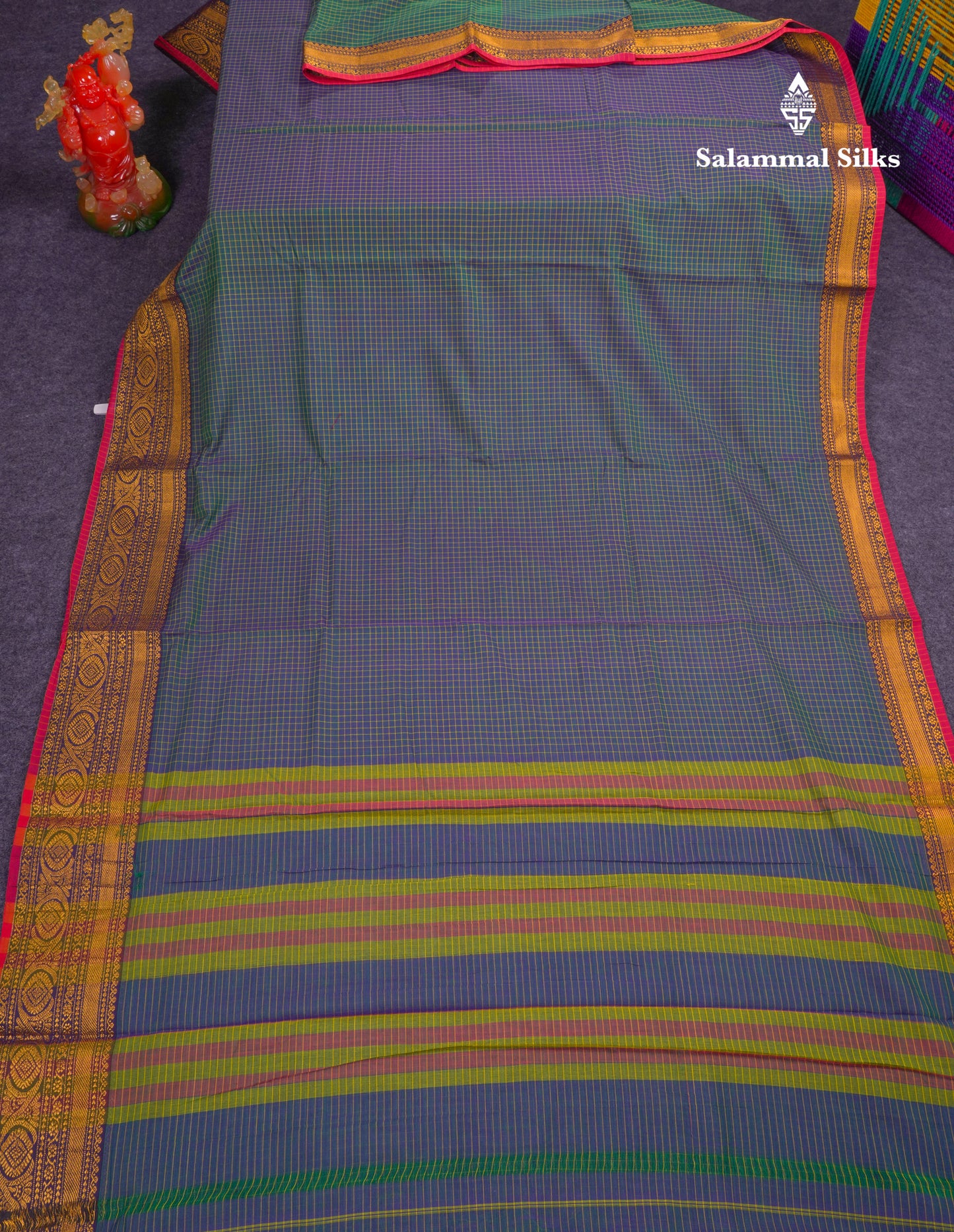 Beautiful Pista Green Small Checks Pure Cotton Saree With Traditional Evening Morning Border