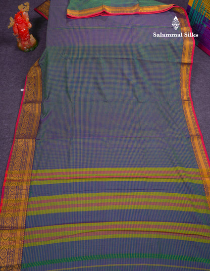 Beautiful Pista Green Small Checks Pure Cotton Saree With Traditional Evening Morning Border