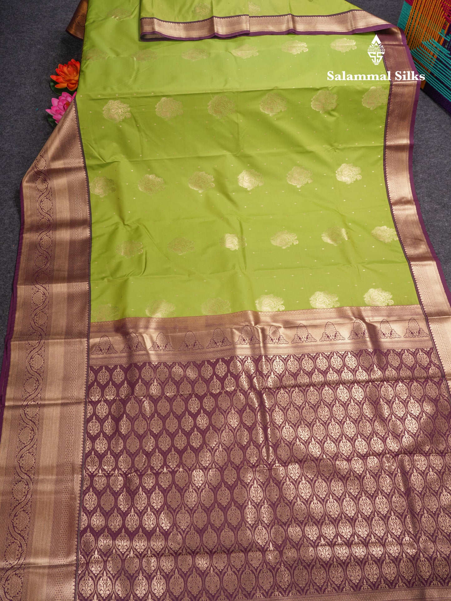 Parrot Green Semi Silk Saree With Contrast Dark Magenta Border