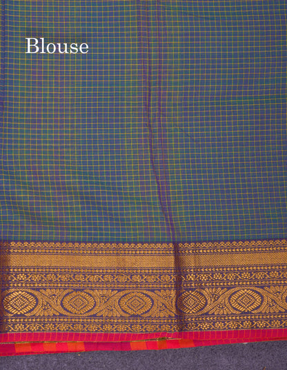 Beautiful Pista Green Small Checks Pure Cotton Saree With Traditional Evening Morning Border