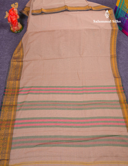 Beautiful Pista Green Small Checks Pure Cotton Saree With Traditional Evening Morning Border