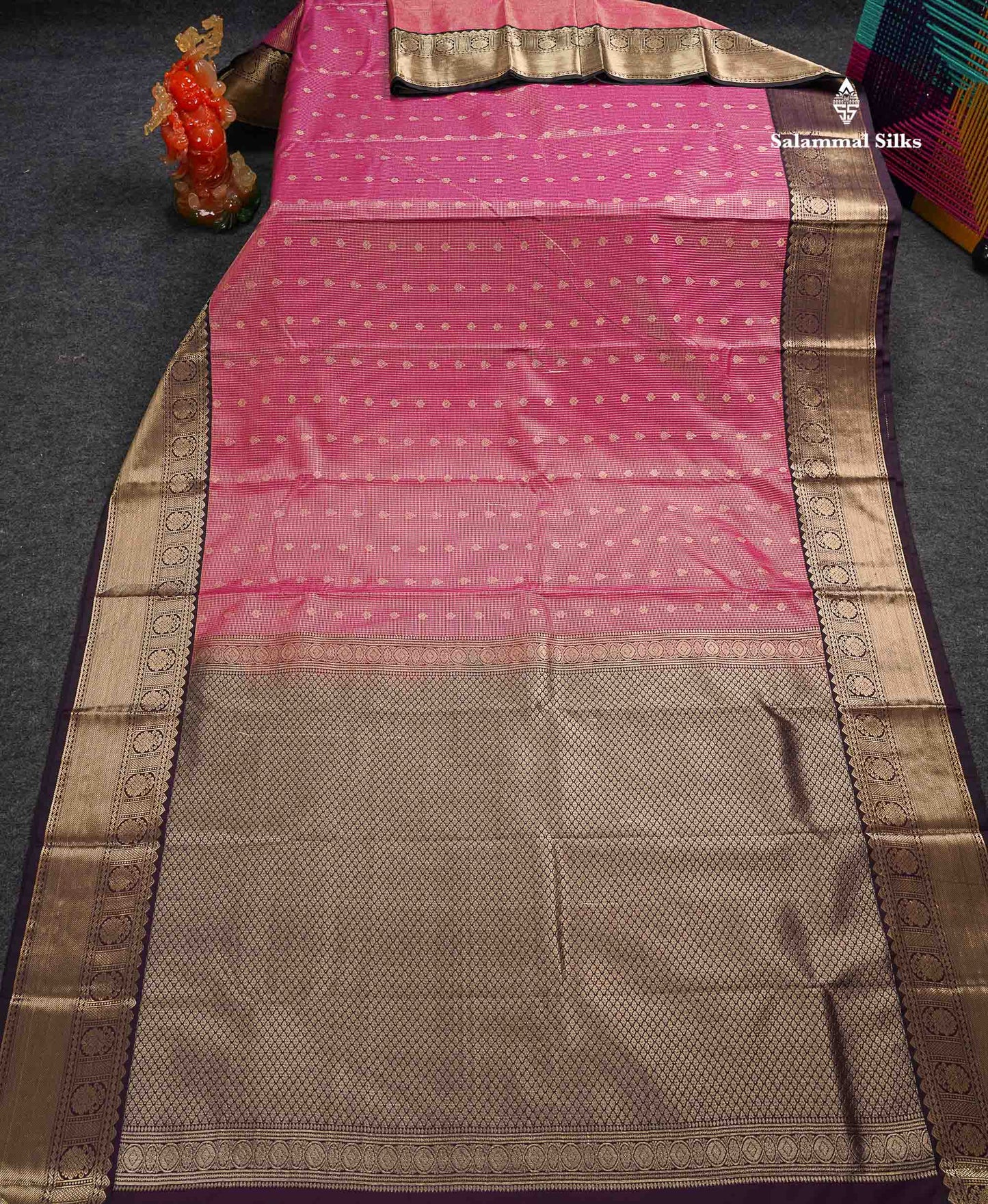 Semi Silk Saree - Pink Butta With Tiny Vaira Oosi Checks Along With Contrast Dark Purple Traditional Border