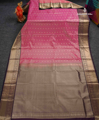 Semi Silk Saree - Pink Butta With Tiny Vaira Oosi Checks Along With Contrast Dark Purple Traditional Border