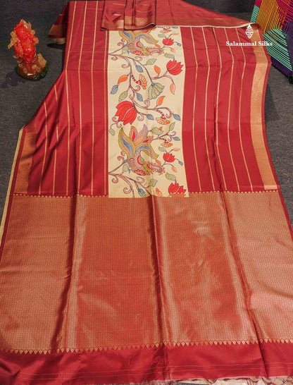 Soft Semi Mysore Silk Saree - Maroon Colour Body With Kalamkari Design & Blouse