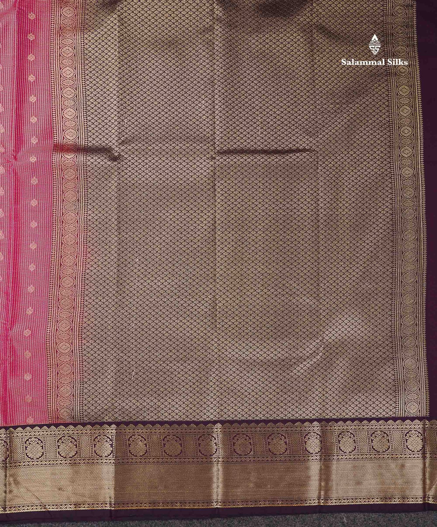 Semi Silk Saree - Pink Butta With Tiny Vaira Oosi Checks Along With Contrast Dark Purple Traditional Border