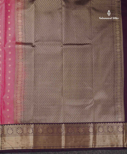 Semi Silk Saree - Pink Butta With Tiny Vaira Oosi Checks Along With Contrast Dark Purple Traditional Border