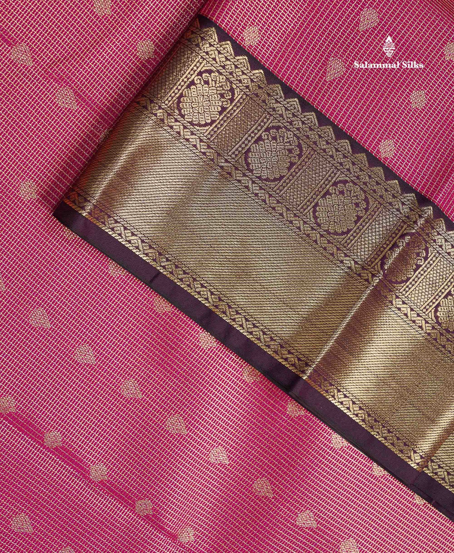Semi Silk Saree - Pink Butta With Tiny Vaira Oosi Checks Along With Contrast Dark Purple Traditional Border