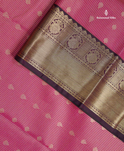 Semi Silk Saree - Pink Butta With Tiny Vaira Oosi Checks Along With Contrast Dark Purple Traditional Border