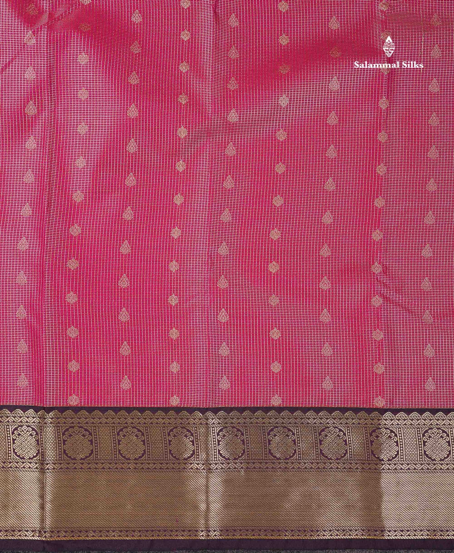 Semi Silk Saree - Pink Butta With Tiny Vaira Oosi Checks Along With Contrast Dark Purple Traditional Border
