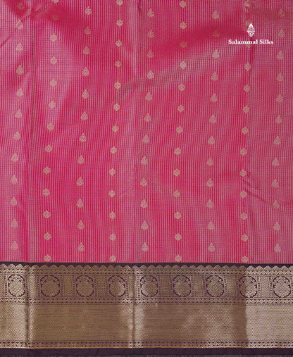 Semi Silk Saree - Pink Butta With Tiny Vaira Oosi Checks Along With Contrast Dark Purple Traditional Border