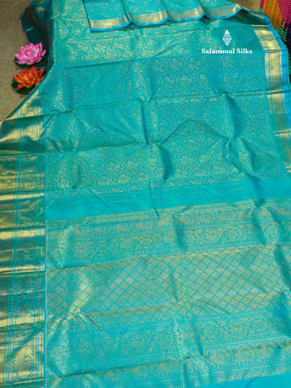 Peacock Blue Pure Kanjivaram Silk Saree Pure zari (3Gram) with Traditional Gold Zari Border
