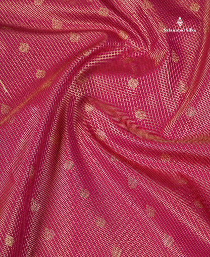 Semi Silk Saree - Pink Butta With Tiny Vaira Oosi Checks Along With Contrast Dark Purple Traditional Border