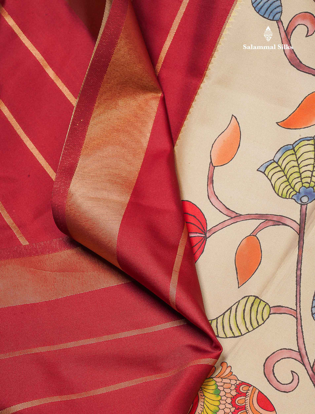 Soft Semi Mysore Silk Saree - Maroon Colour Body With Kalamkari Design & Blouse