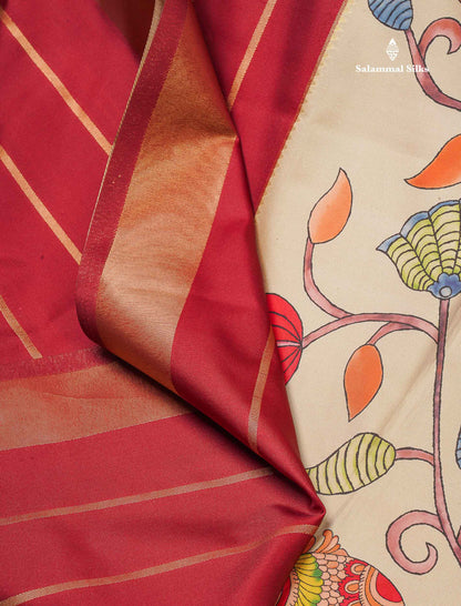 Soft Semi Mysore Silk Saree - Maroon Colour Body With Kalamkari Design & Blouse