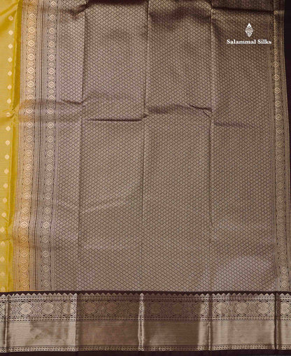 Semi Silk Saree - Olive Mustard Yellow Butta With Vaira Oosi Lines Along With Contrast Dark Brown Border