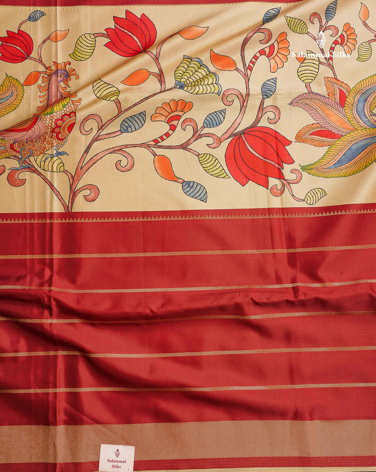 Soft Semi Mysore Silk Saree - Maroon Colour Body With Kalamkari Design & Blouse