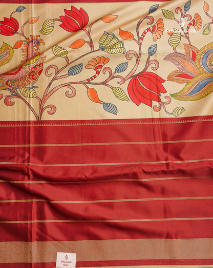 Soft Semi Mysore Silk Saree - Maroon Colour Body With Kalamkari Design & Blouse