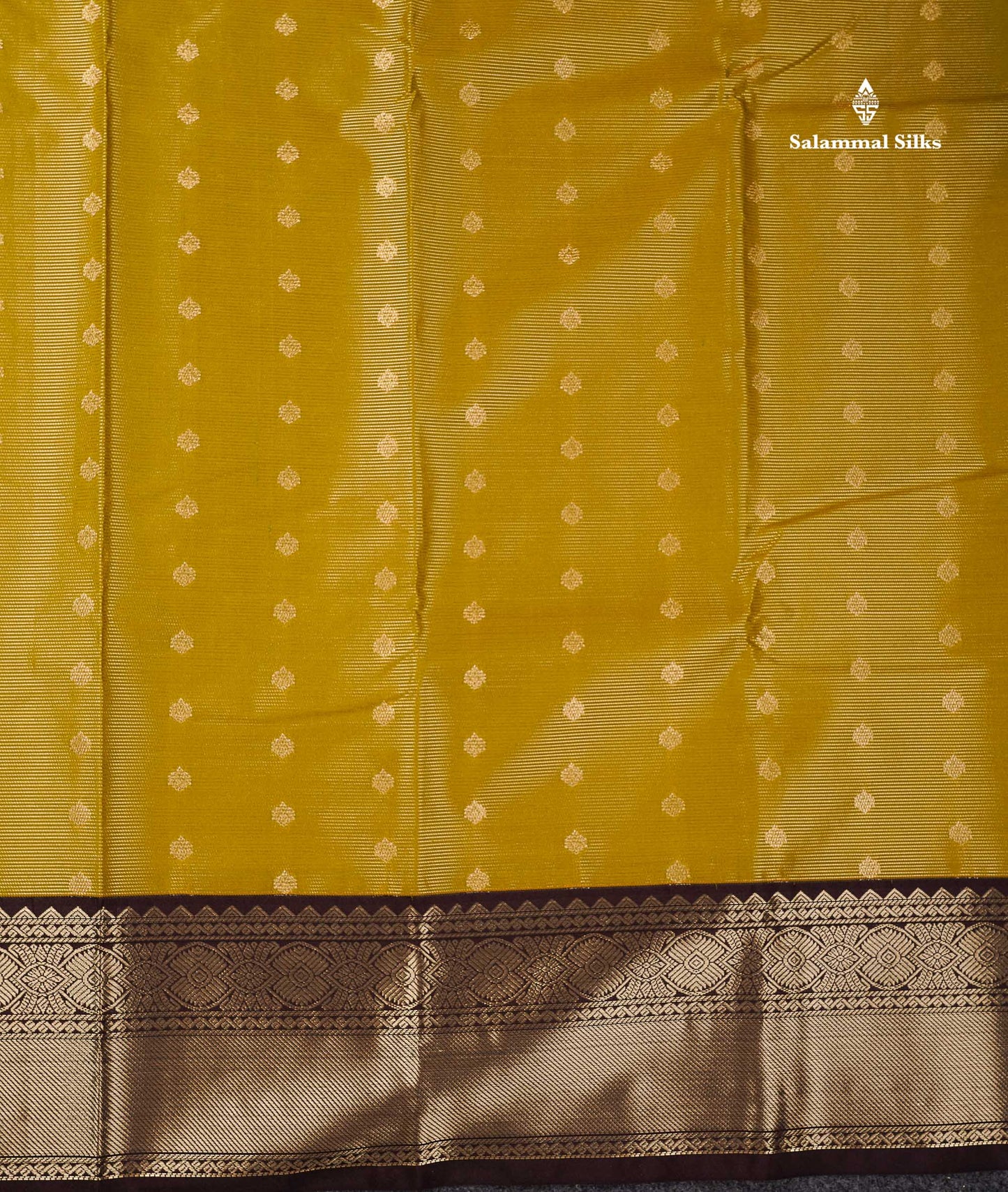 Semi Silk Saree - Olive Mustard Yellow Butta With Vaira Oosi Lines Along With Contrast Dark Brown Border
