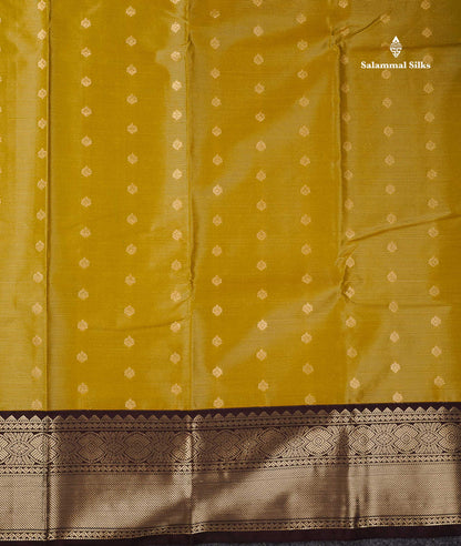 Semi Silk Saree - Olive Mustard Yellow Butta With Vaira Oosi Lines Along With Contrast Dark Brown Border
