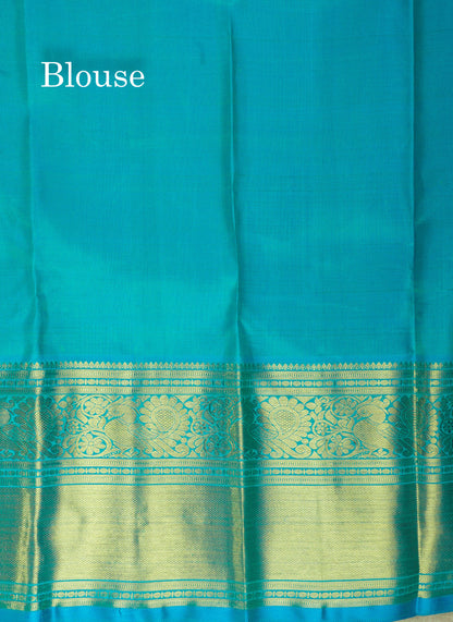 Peacock Blue Pure Kanjivaram Silk Saree Pure zari (3Gram) with Traditional Gold Zari Border