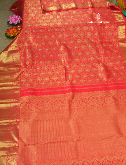 Beautiful Meenakari Work Chilly Red Pure Kanjivaram Silk Saree 3G Zari with Gold Zari Long Border