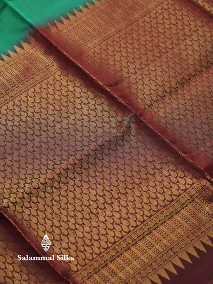 Beautiful Peacock Green PureMix Kanjivaram Soft Silk Saree With Contrast Dark Brown Fancy Border