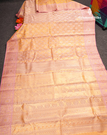 Beautiful Peach Tissue Bridal Pure Kanjivaram Silk Saree With Contrast Lavender Border