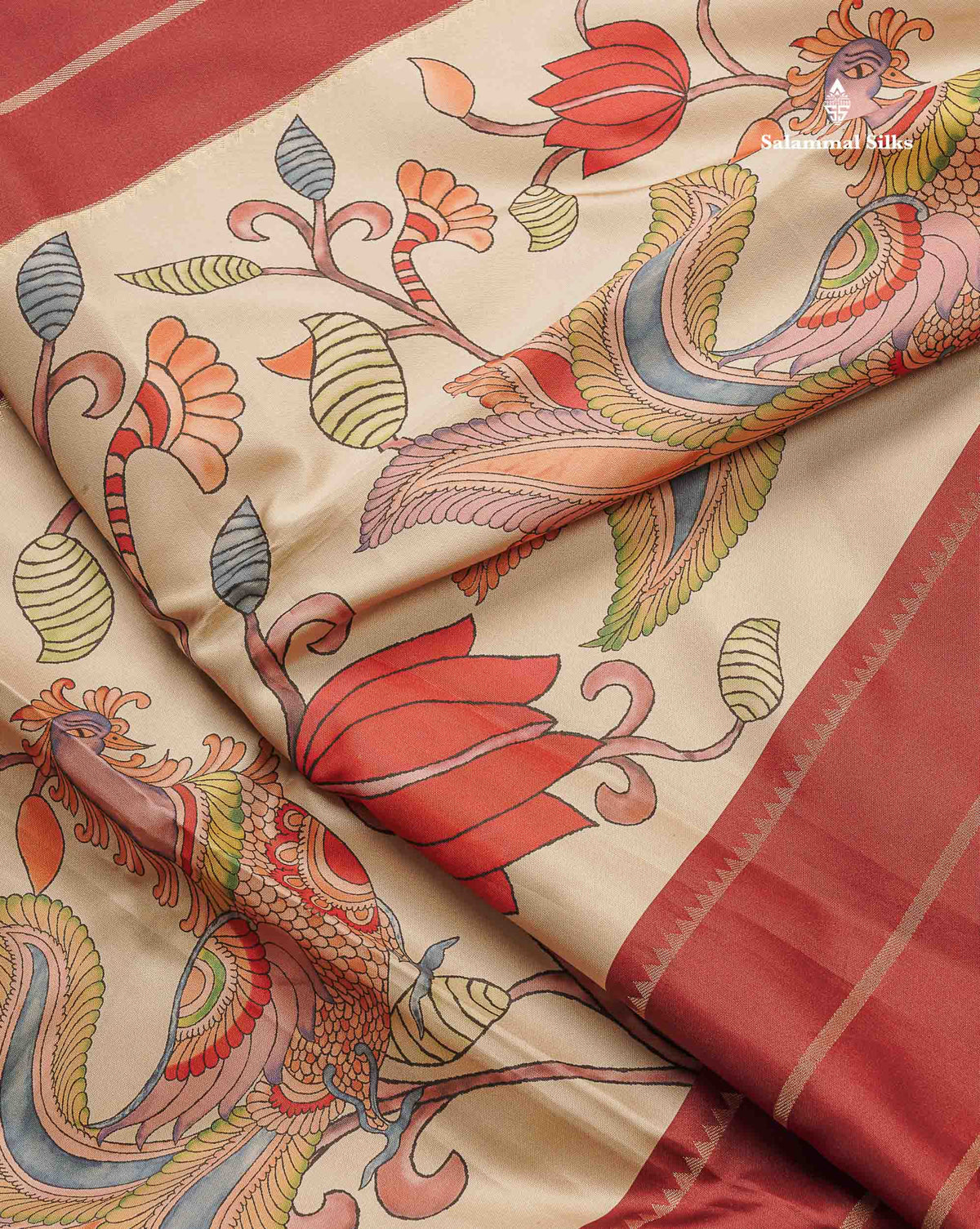 Soft Semi Mysore Silk Saree - Maroon Colour Body With Kalamkari Design & Blouse