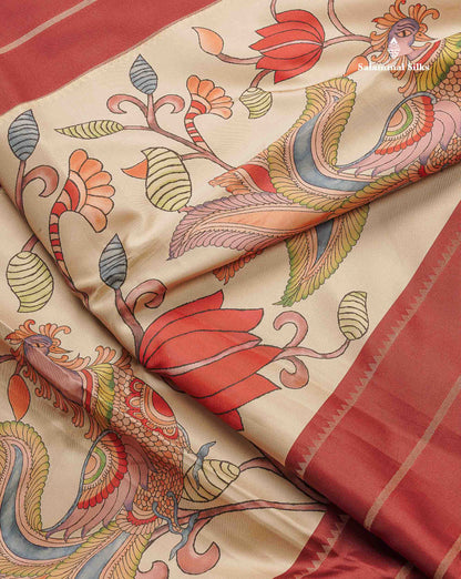 Soft Semi Mysore Silk Saree - Maroon Colour Body With Kalamkari Design & Blouse