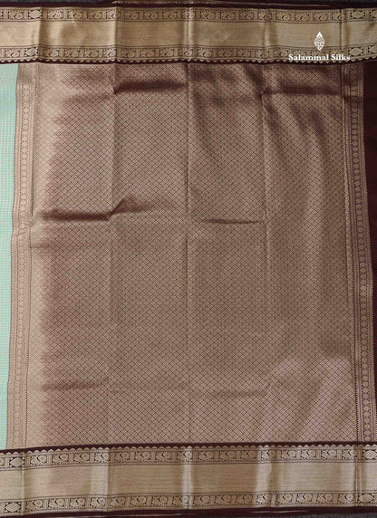 Semi Silk Saree -  Ice Blue Butta With Small Checks Along With Contrast Dark Brown Traditional Border