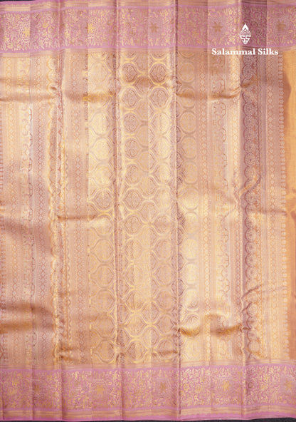 Beautiful Peach Tissue Bridal Pure Kanjivaram Silk Saree With Contrast Lavender Border