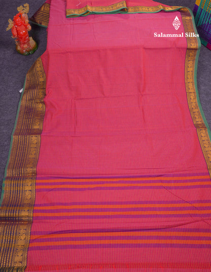 Beautiful Pista Green Small Checks Pure Cotton Saree With Traditional Evening Morning Border