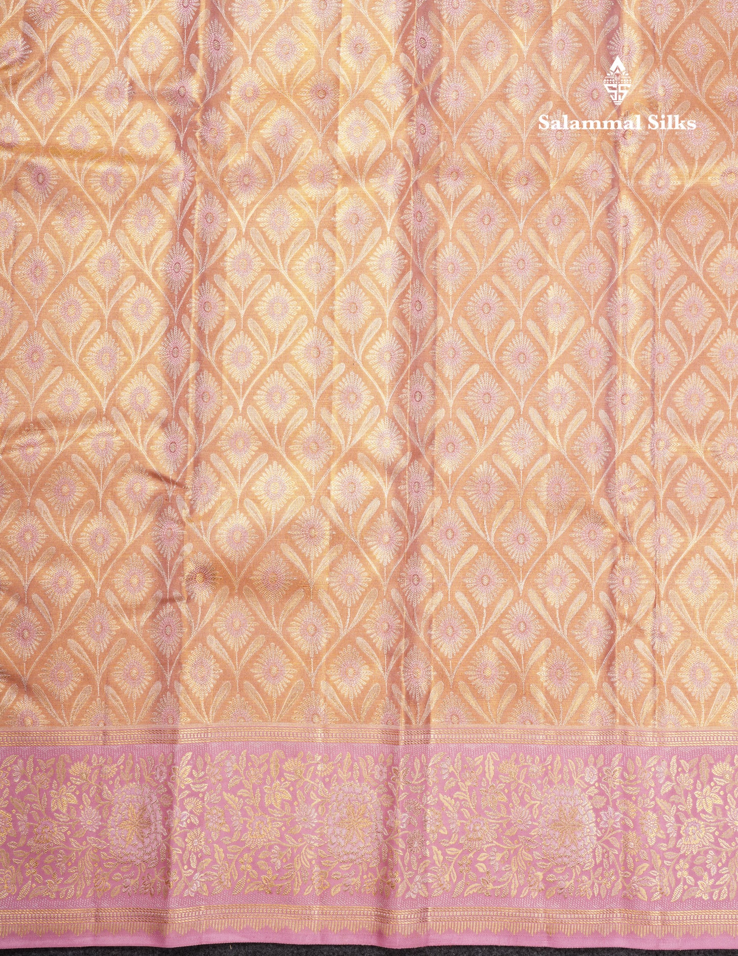 Beautiful Peach Tissue Bridal Pure Kanjivaram Silk Saree With Contrast Lavender Border