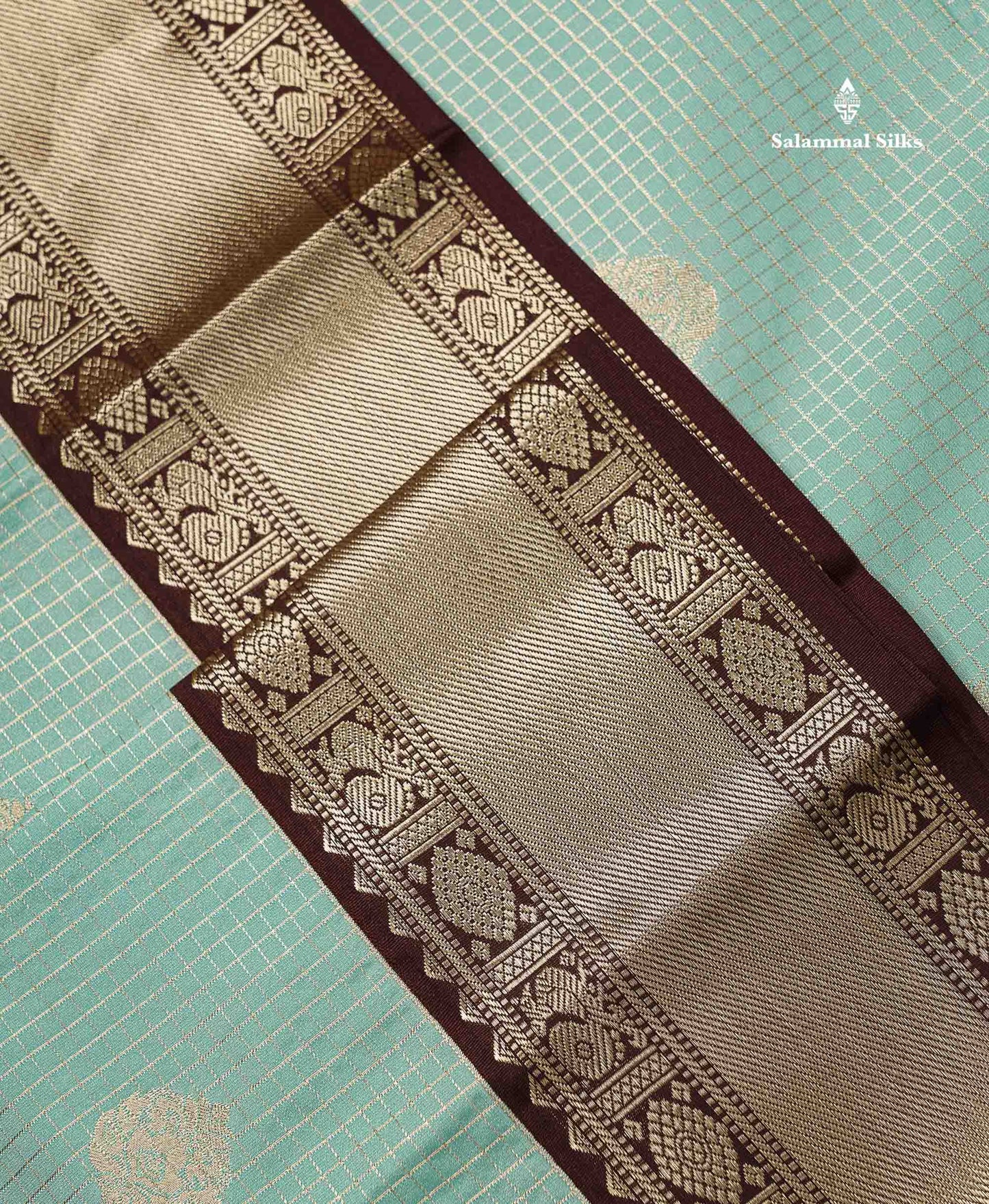 Semi Silk Saree -  Ice Blue Butta With Small Checks Along With Contrast Dark Brown Traditional Border