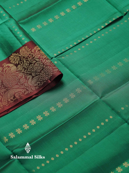 Beautiful Peacock Green PureMix Kanjivaram Soft Silk Saree With Contrast Dark Brown Fancy Border