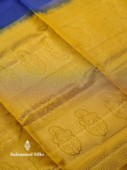 Beautiful Peacock Blue Pure Mix Kanjivaram Soft Silk Saree With Contrast Olive Green Fancy Border