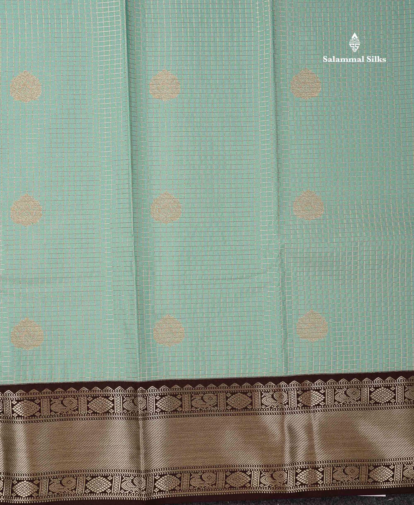 Semi Silk Saree -  Ice Blue Butta With Small Checks Along With Contrast Dark Brown Traditional Border