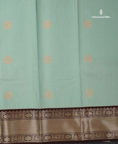 Semi Silk Saree -  Ice Blue Butta With Small Checks Along With Contrast Dark Brown Traditional Border
