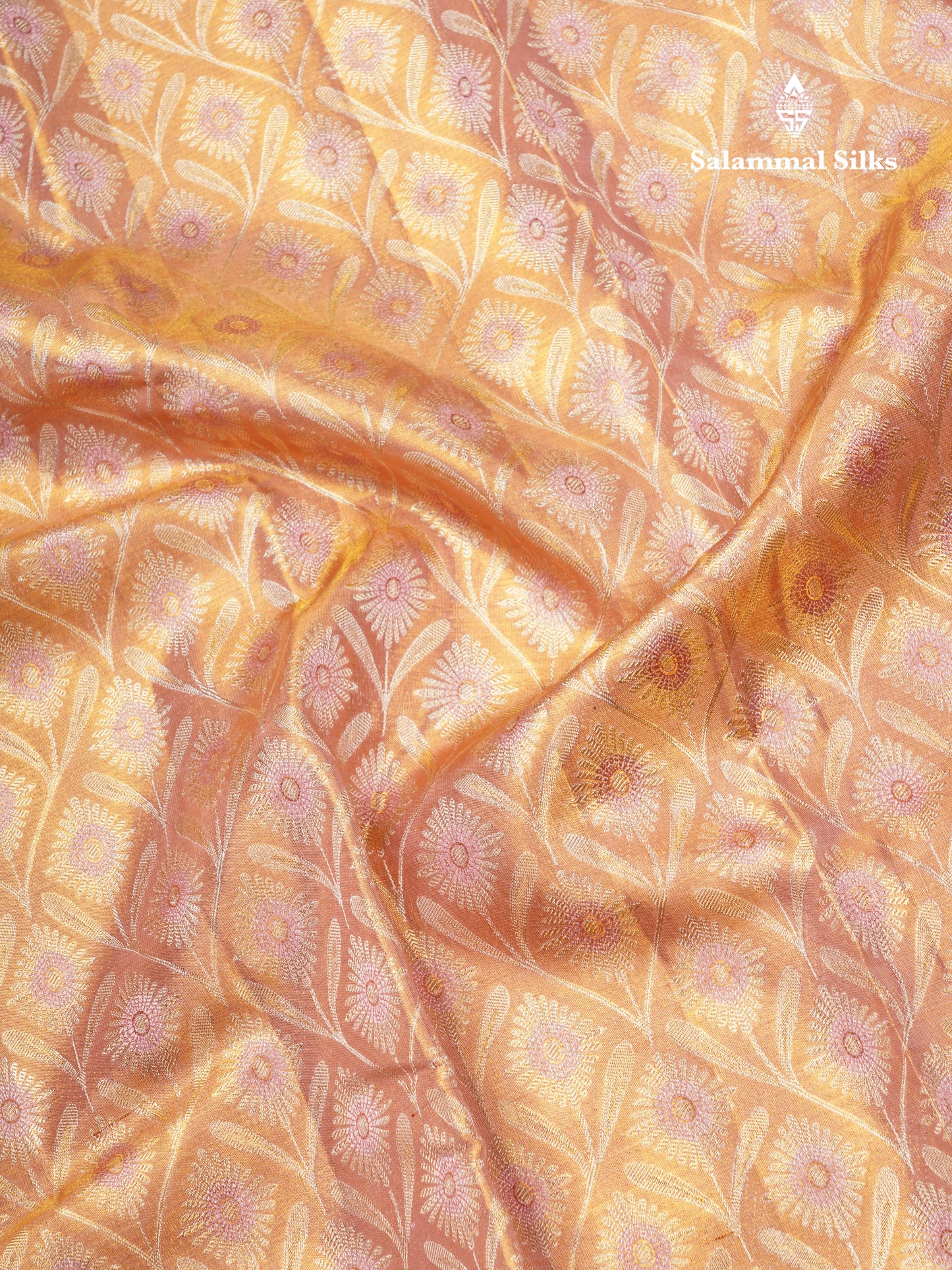 Beautiful Peach Tissue Bridal Pure Kanjivaram Silk Saree With Contrast Lavender Border