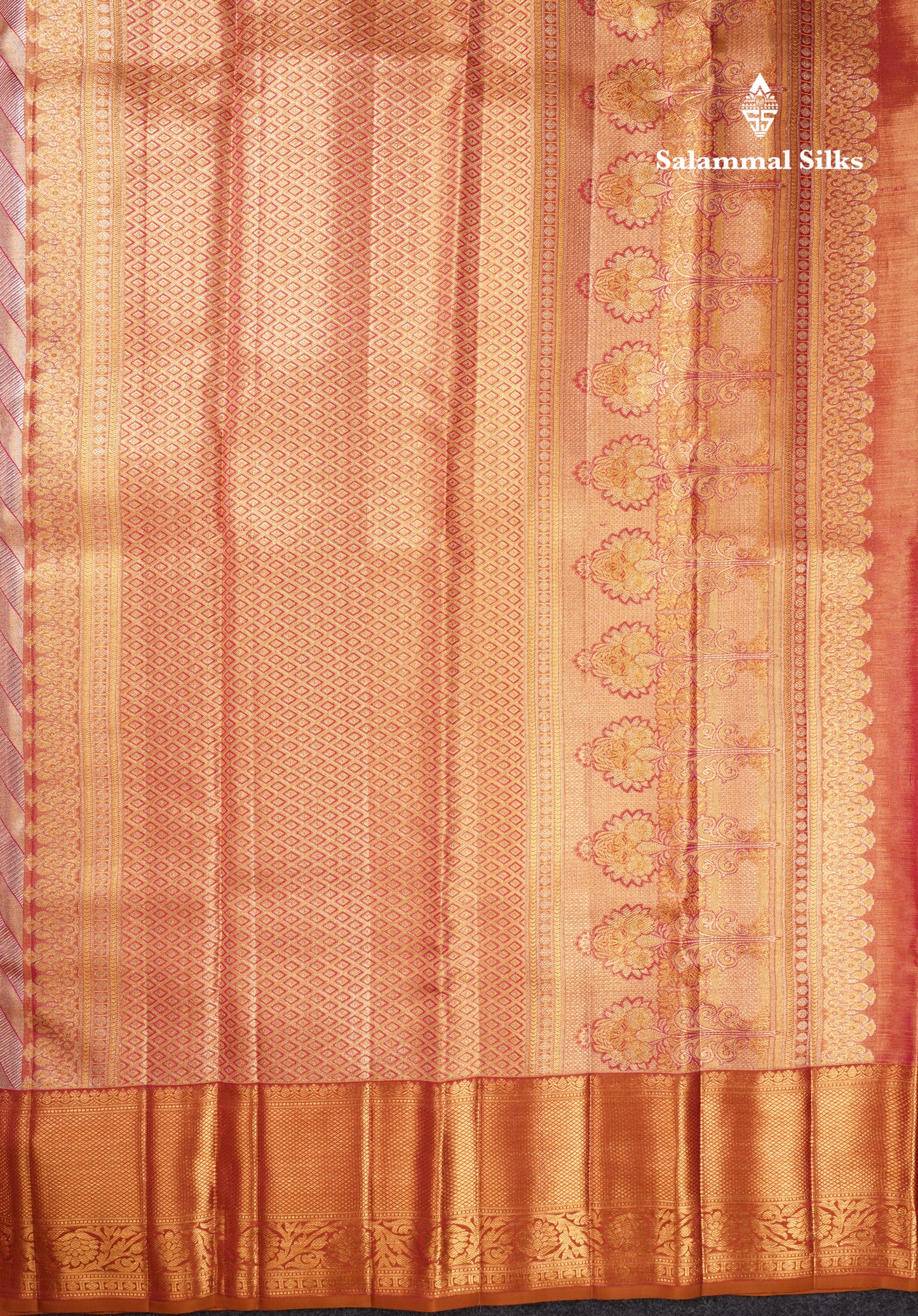 Beautiful Gold & Red Tissue Bridal Pure Kanjivaram Silk Saree With Contrast Brown Broder