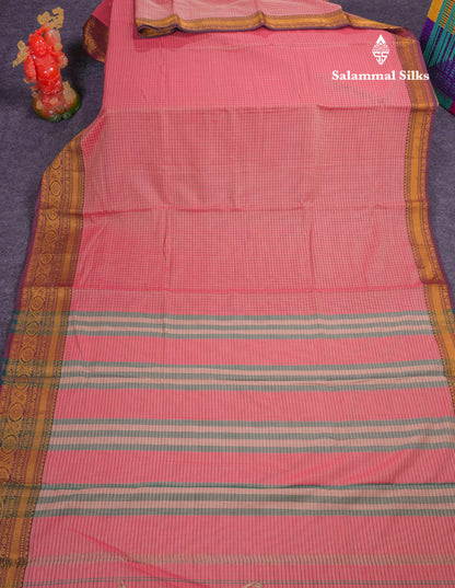 Beautiful Pista Green Small Checks Pure Cotton Saree With Traditional Evening Morning Border