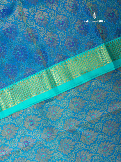 Pure Zari Peacock Blue Pure Kanjivaram Silk Saree with Contrast Sky Blue Border