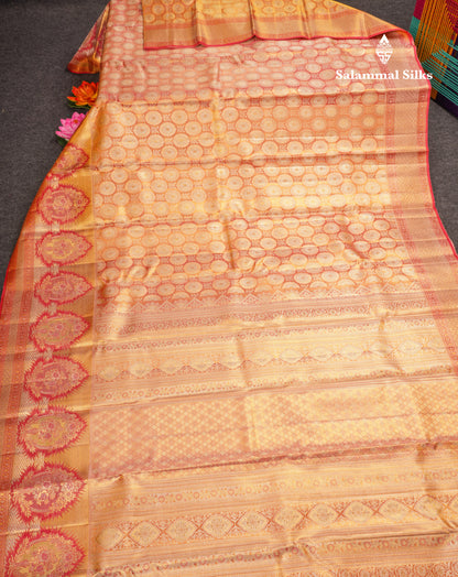 Beautiful Pinkish Orange Tissue Bridal Pure Kanjivaram Silk Saree With Fancy Border