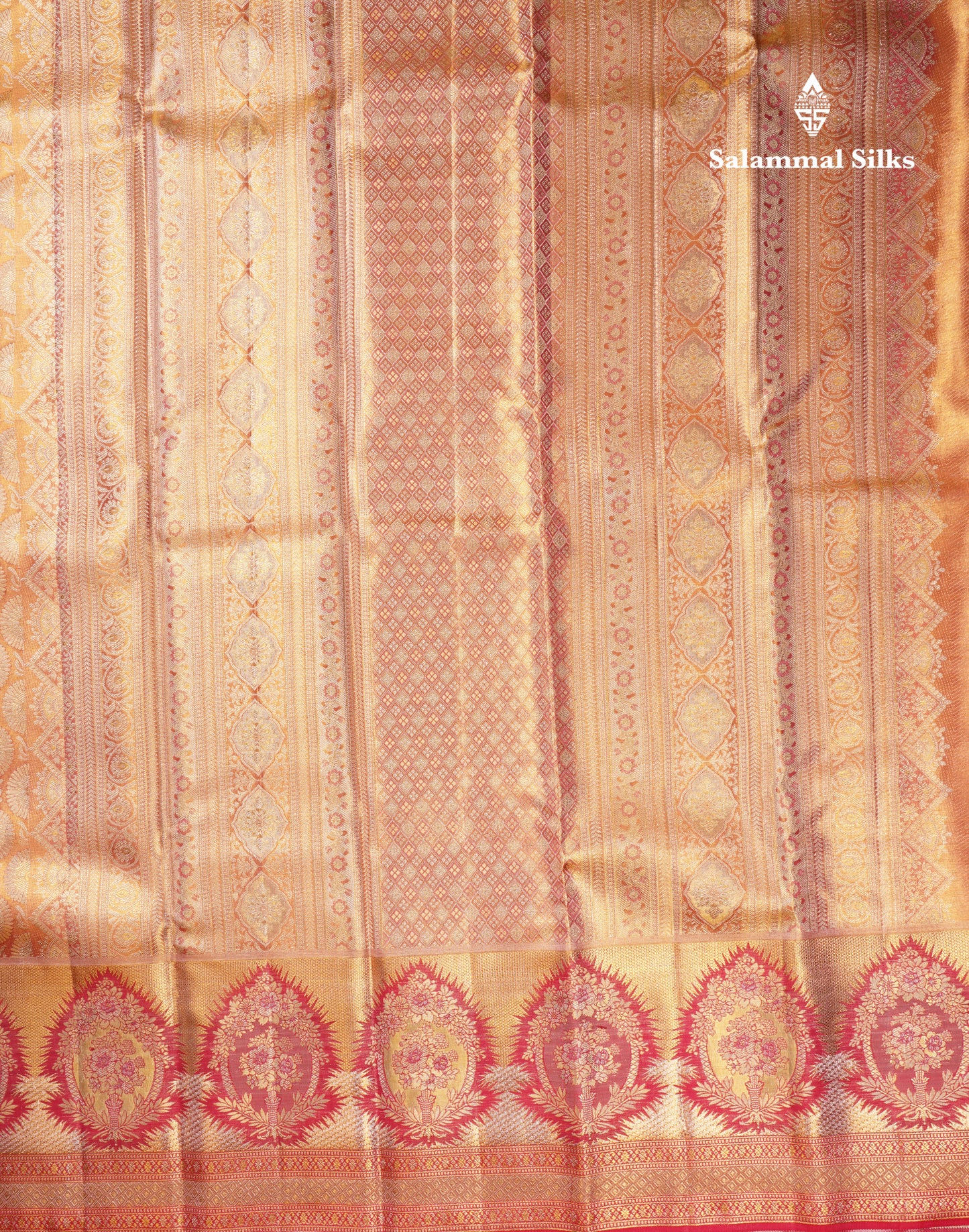 Beautiful Pinkish Orange Tissue Bridal Pure Kanjivaram Silk Saree With Fancy Border