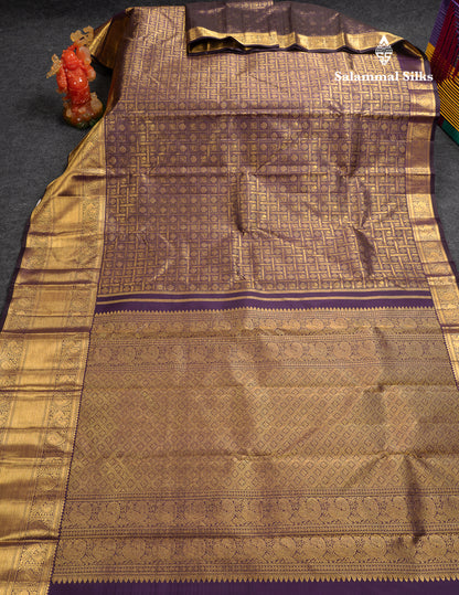 Beautiful Violet Chakaram & Mayil Butta Checks Bridal 2G Pure Kanjivaram Silk Saree With Traditional Evening Morning Border