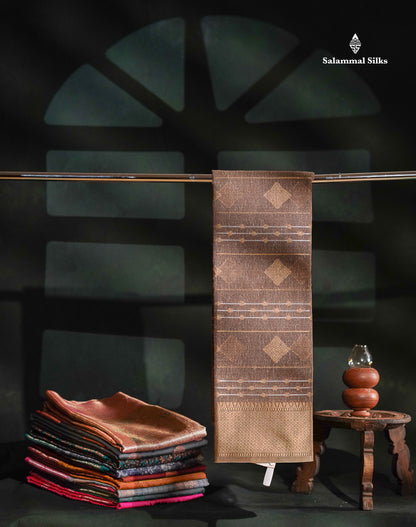 Linen Cotton Mix Saree - Brown Gold & Silver Zari Lines Along With Traditional Border