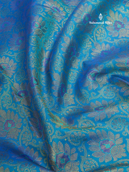 Pure Zari Peacock Blue Pure Kanjivaram Silk Saree with Contrast Sky Blue Border