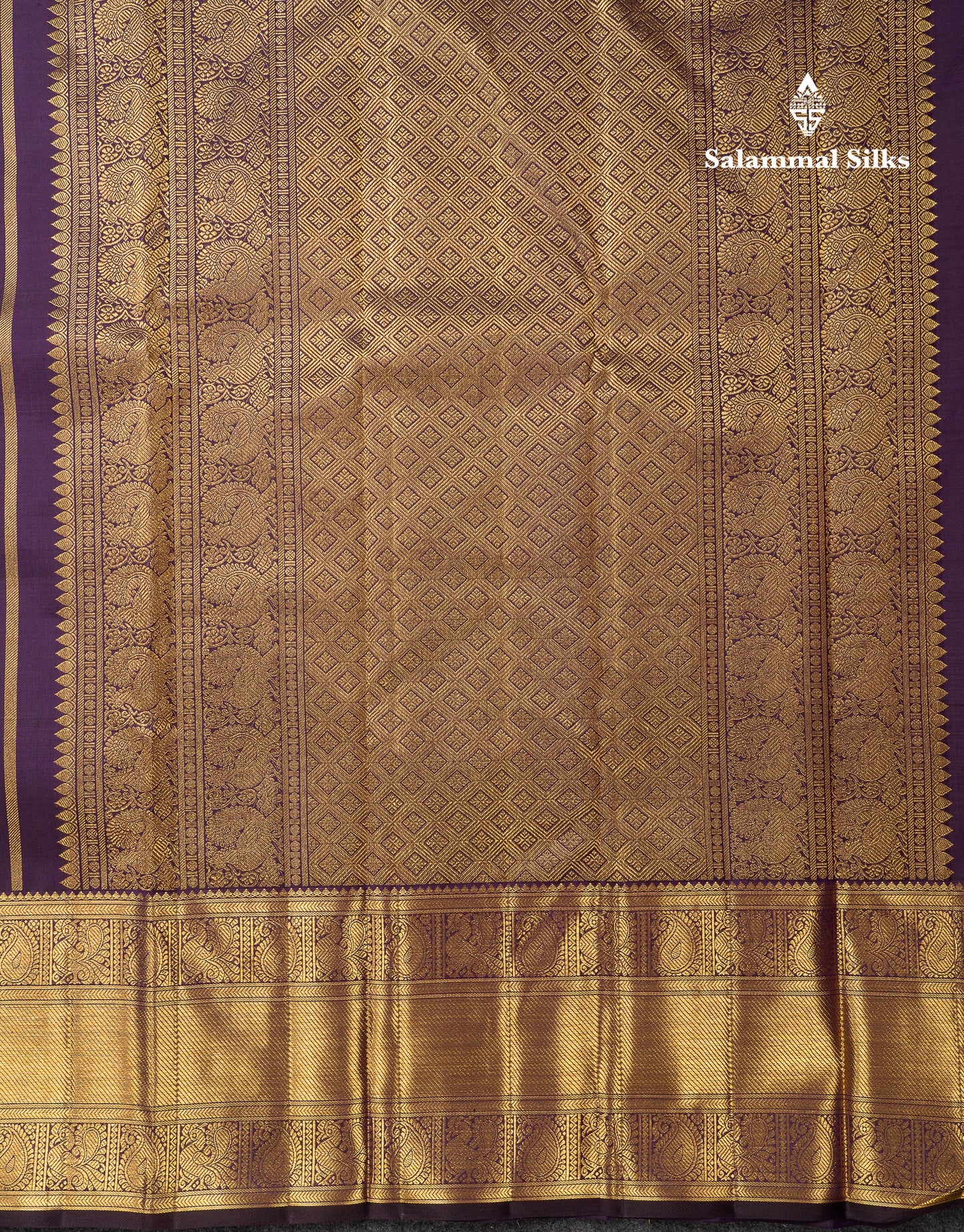 Beautiful Violet Chakaram & Mayil Butta Checks Bridal 2G Pure Kanjivaram Silk Saree With Traditional Evening Morning Border